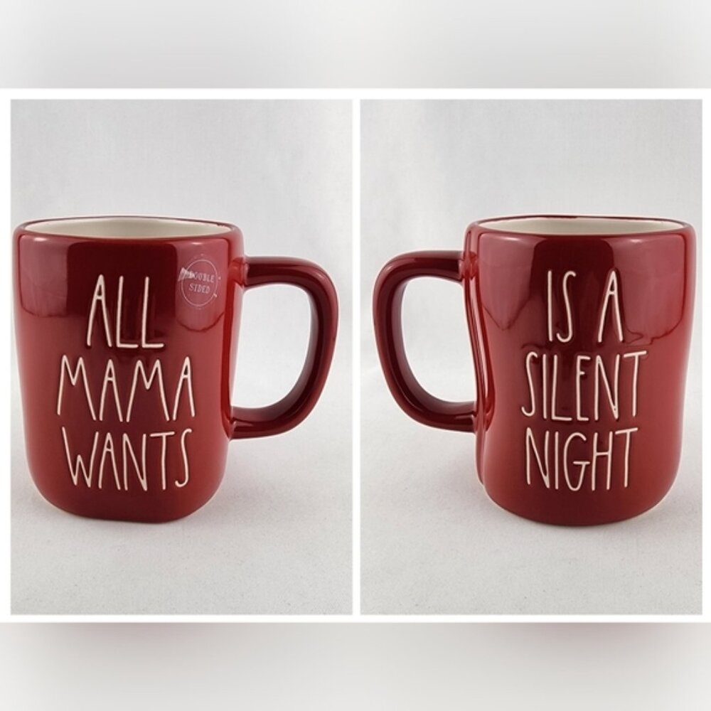 Rae Dunn Double Sided Mug Red ALL MAMA WANTS IS A SILENT NIGHT White Lrg Letters